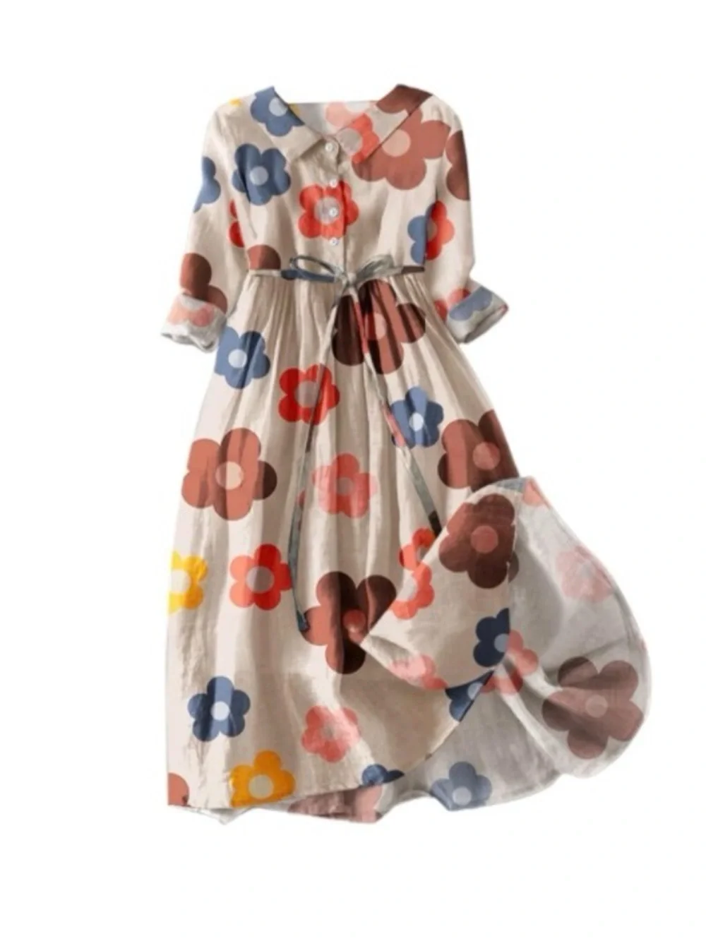 Women’s Floral Tie-Waist Long Sleeve Dress - Cream with Multi-Color Flowers - Picture 1 of 4